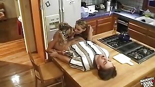 One Lucky Dude Gets To Have Anal Intercourse With Two Green Blondes In The Kitchen